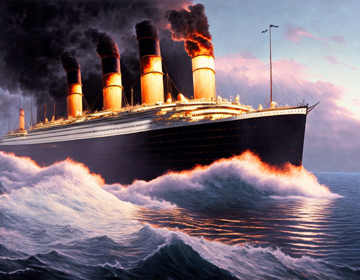 Large ocean liner with four smokestacks navigating stormy seas under dramatic sky