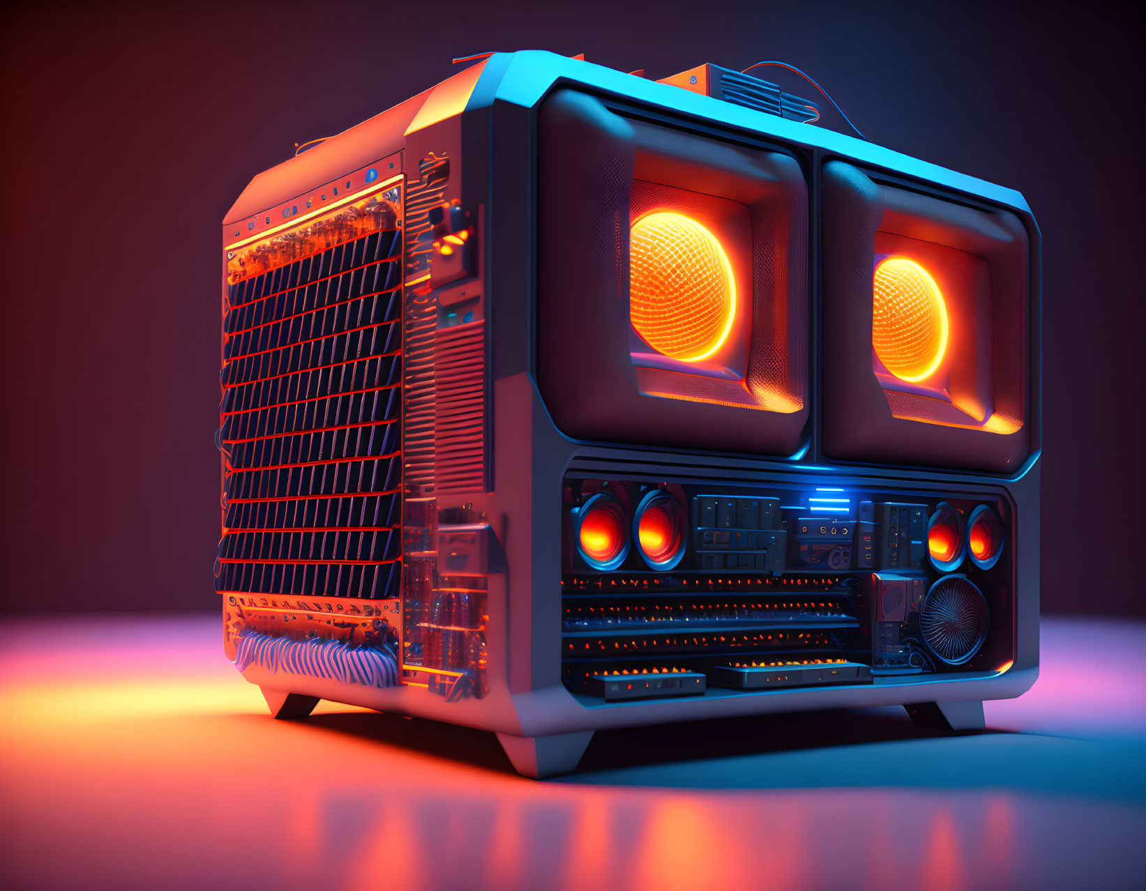 Retro-styled boombox with glowing orange speakers in dark room