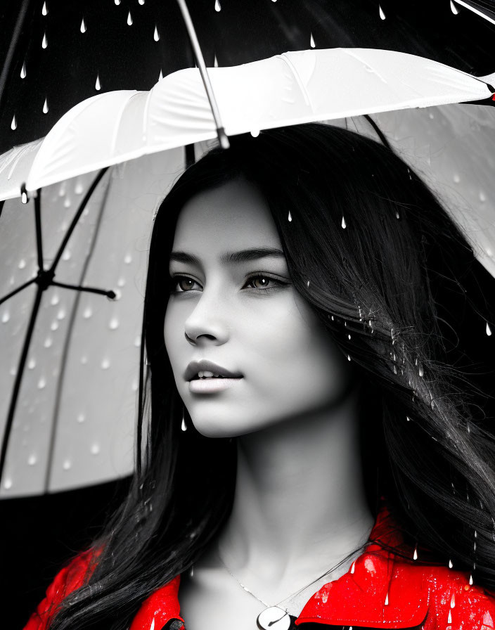 Monochrome portrait of woman with colored accents and umbrella in rain.