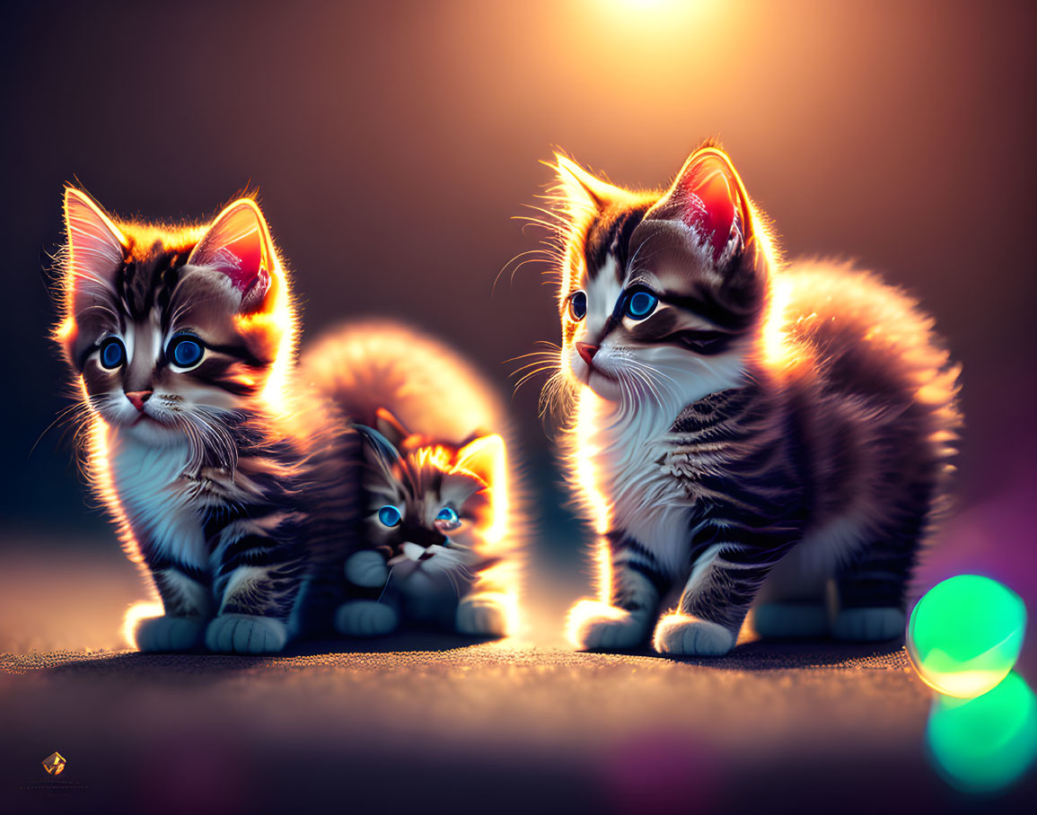 Three kittens with unique markings in warm glow against dark backdrop.