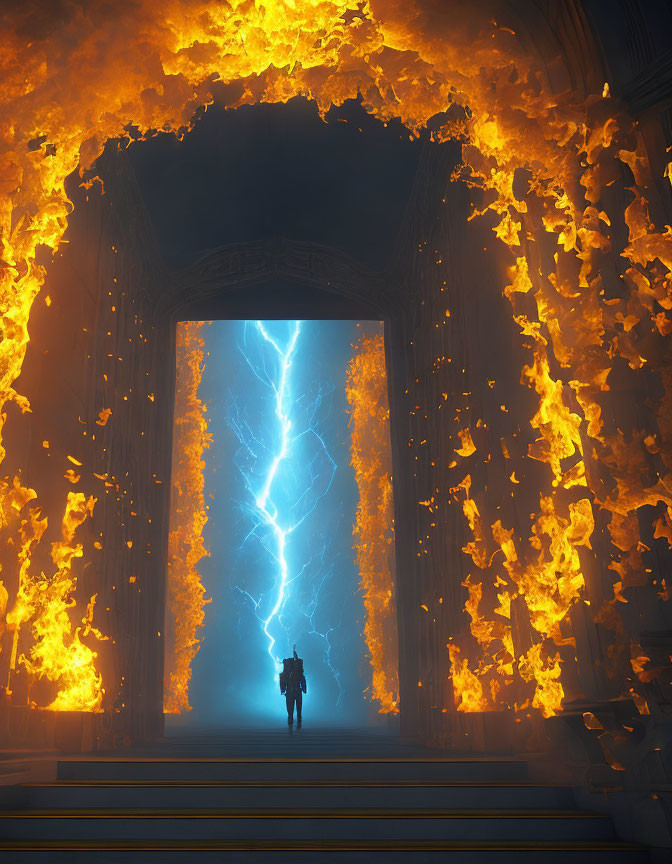 Mystical portal of lightning and flames in ancient archway