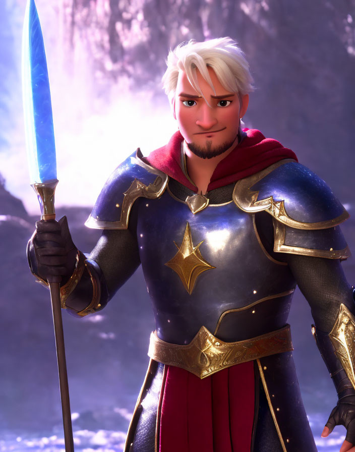 Animated character in blue and gold armor with glowing sword