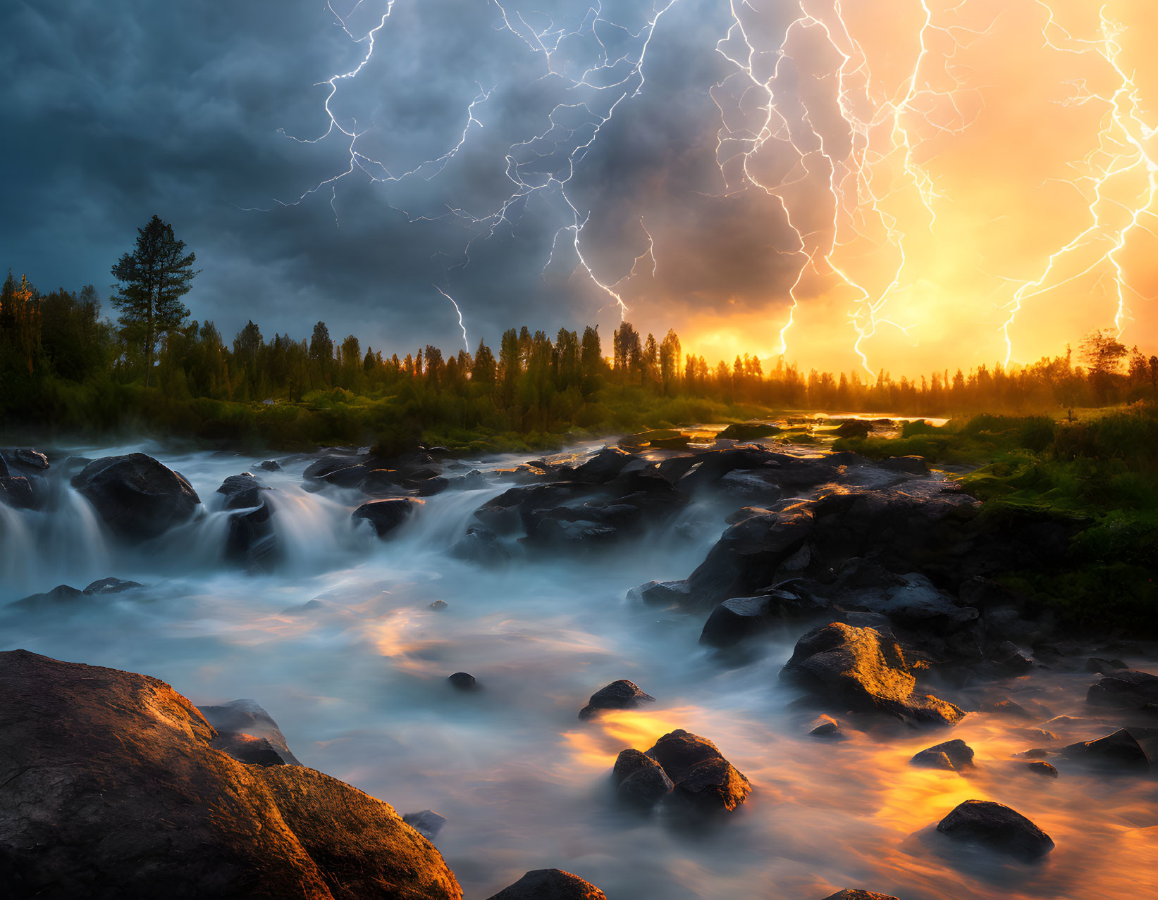 Dramatic landscape with lightning bolts over rocky river stream at sunset