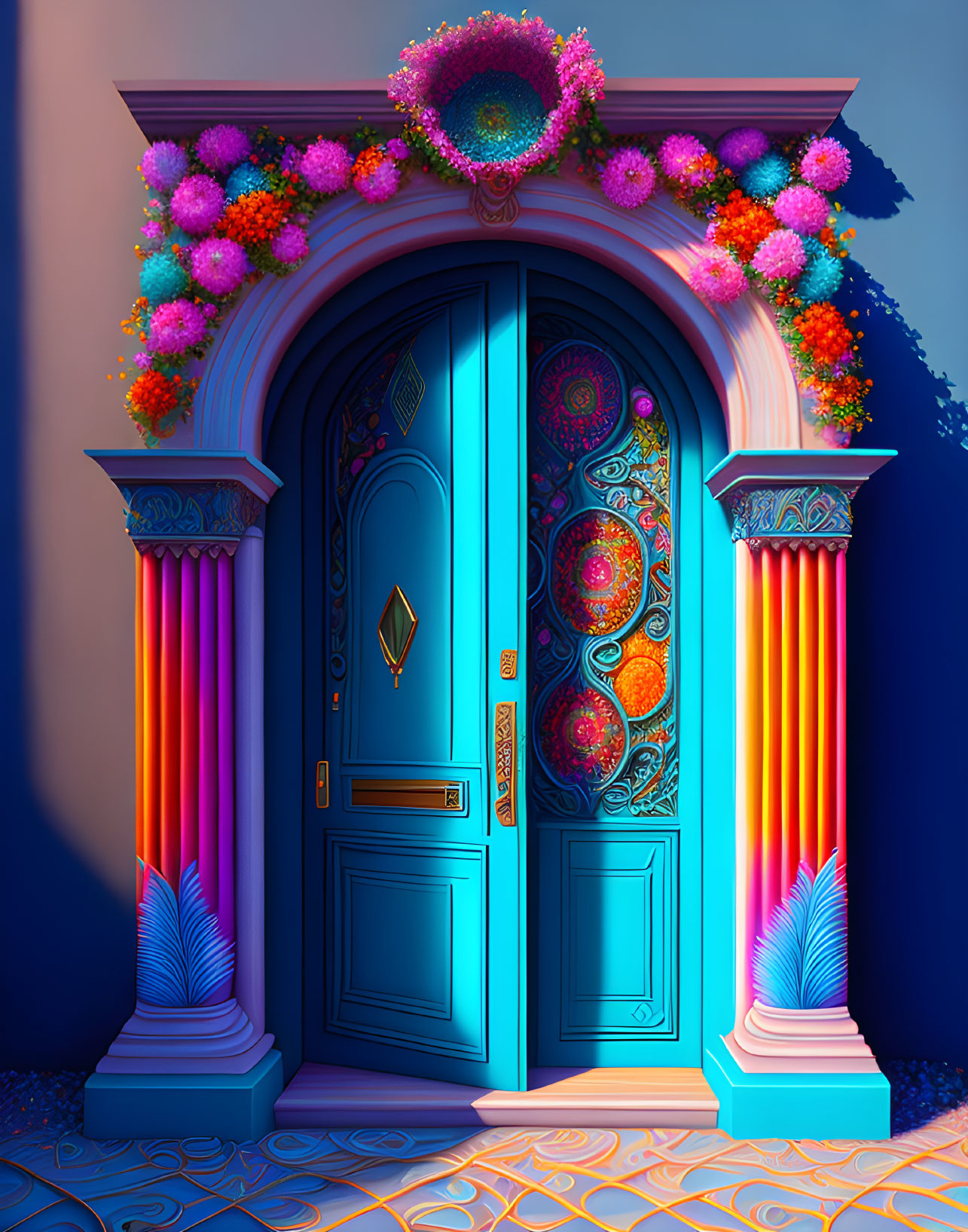 Ornate blue double-door with colorful columns and floral arch on purple wall