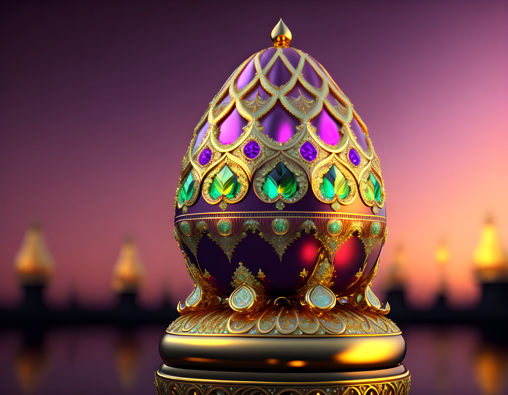 Golden Egg with Jewels and Intricate Patterns on Reflective Surface