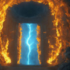 Mystical portal of lightning and flames in ancient archway