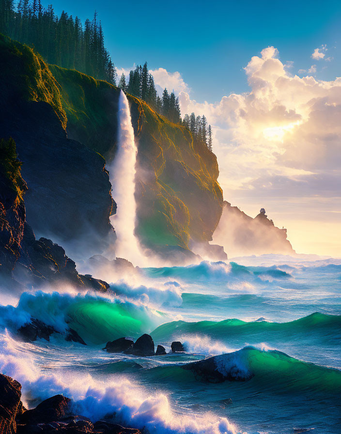 Cliff waterfall cascading into sea at sunset