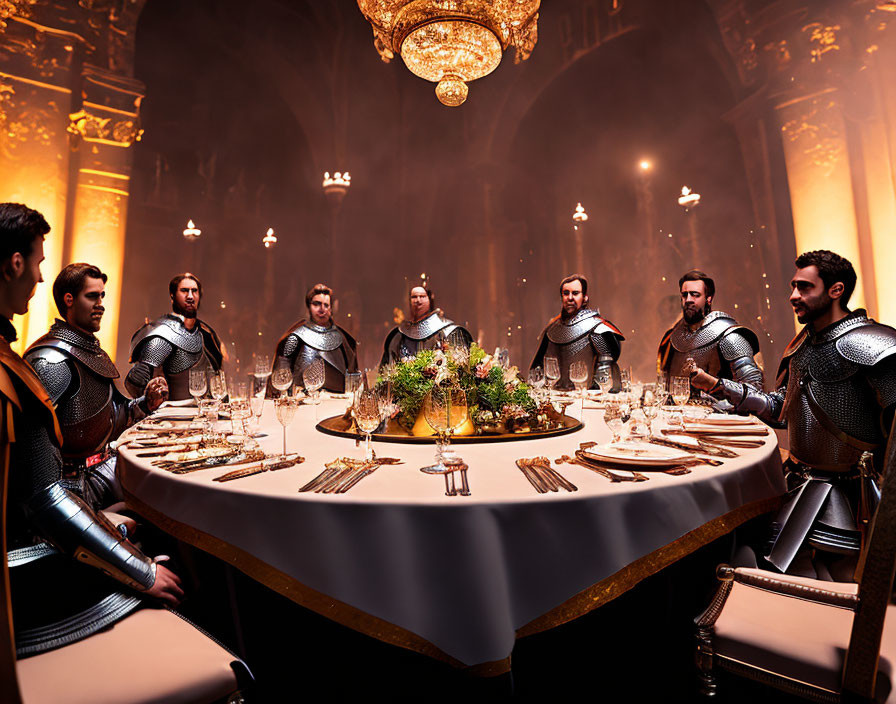 Medieval knights in armor at ornate round table in grand hall