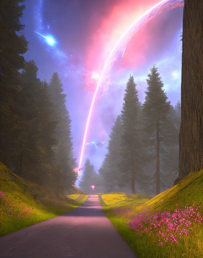 Tranquil forest path with tall trees and pink flowers under twilight sky