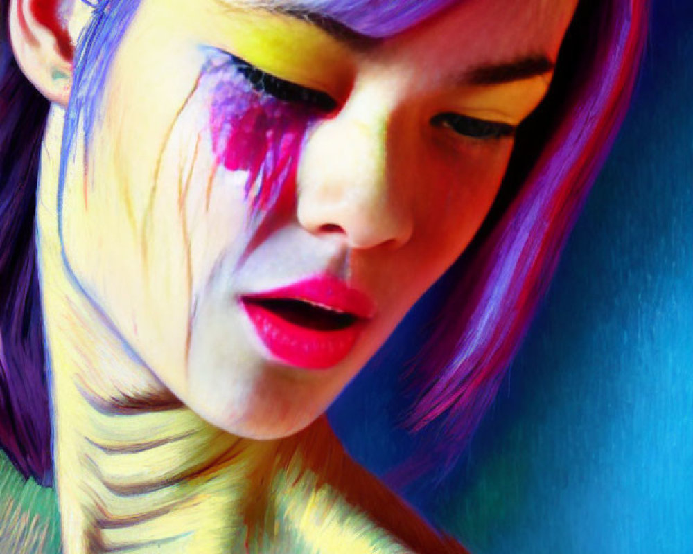 Person with Vibrant Purple, Yellow, and Blue Body Paint Gazing Downward