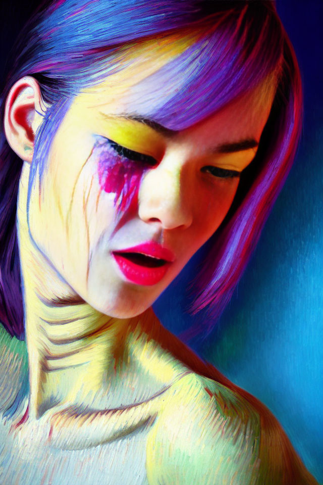 Person with Vibrant Purple, Yellow, and Blue Body Paint Gazing Downward