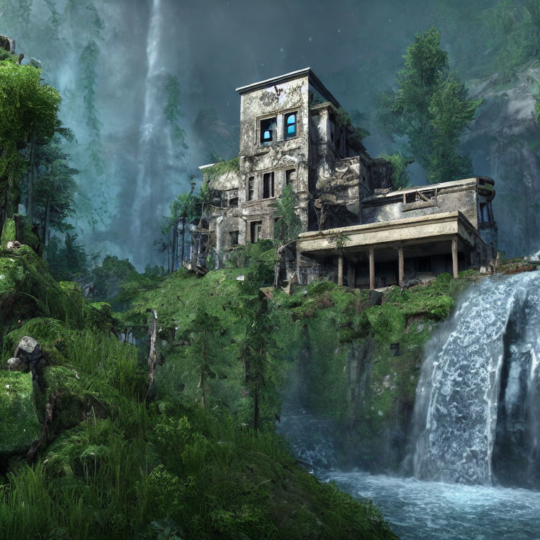 Abandoned building on waterfall with lush greenery