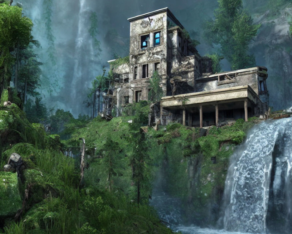 Abandoned building on waterfall with lush greenery