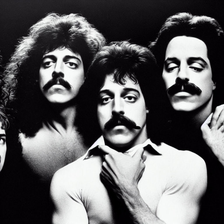 Four individuals with prominent mustaches in black and white contrast