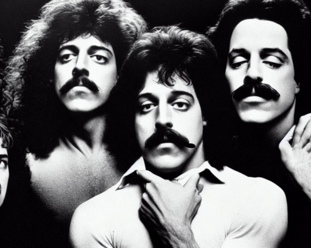 Four individuals with prominent mustaches in black and white contrast