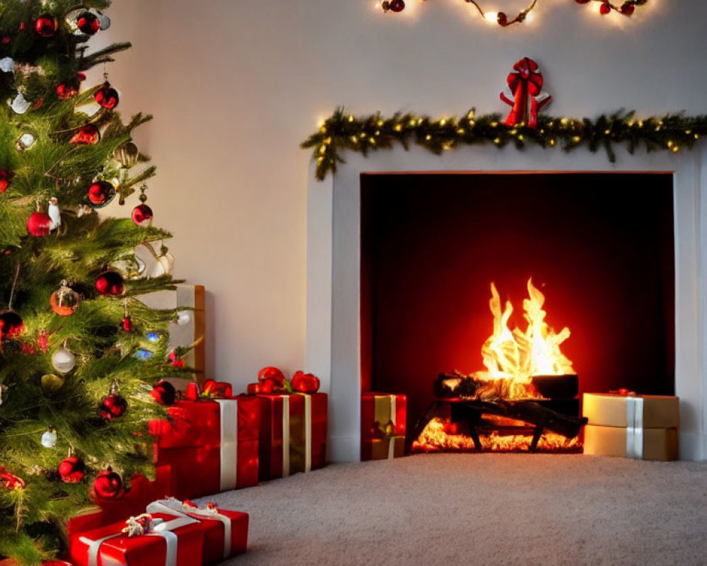 Festive Christmas scene with decorated tree, gifts, and roaring fireplace