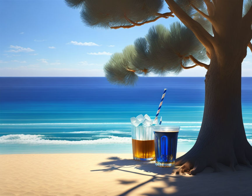 Tropical beach scene with two cold beverages and straws