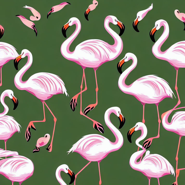 Pink Flamingo Pattern on Dark Green Background