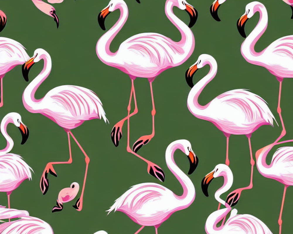 Pink Flamingo Pattern on Dark Green Background