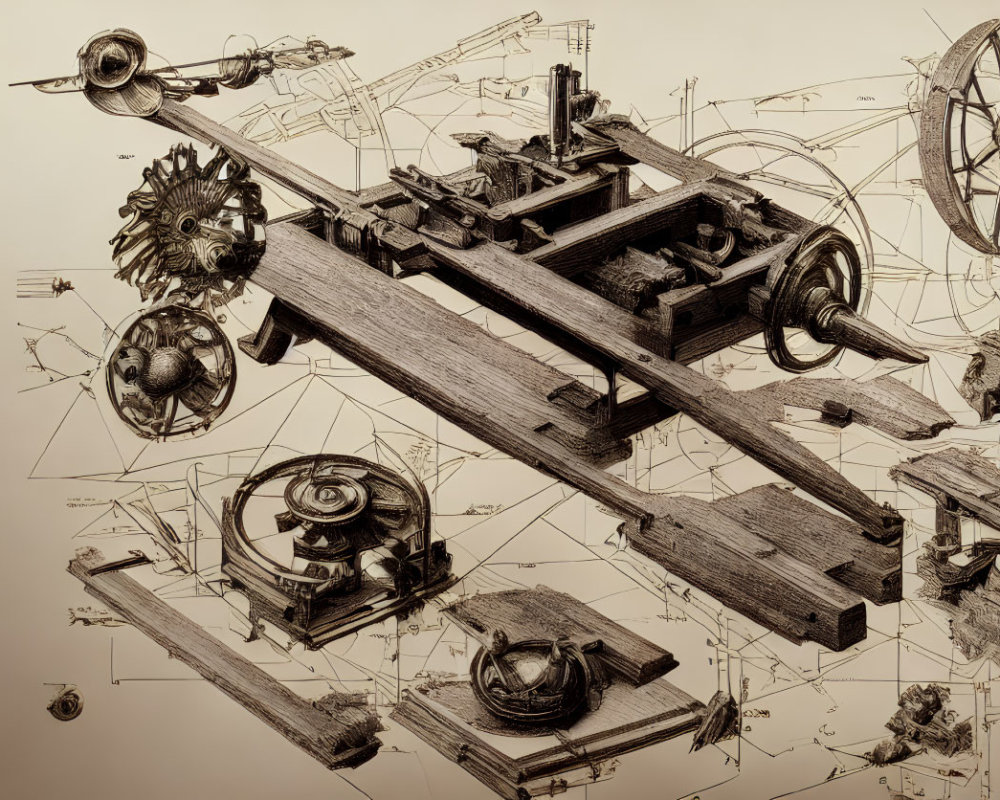 Detailed Vintage Machinery Technical Drawing on Beige Paper