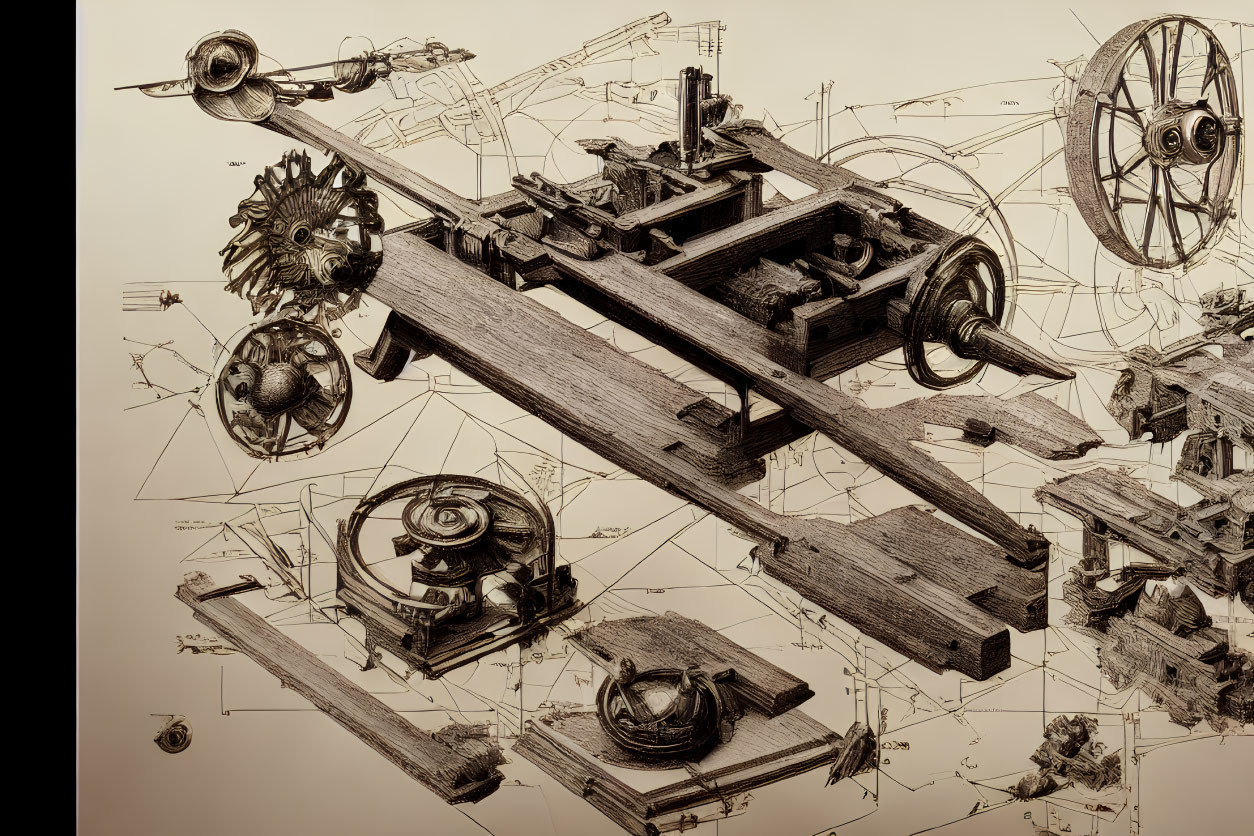 Detailed Vintage Machinery Technical Drawing on Beige Paper