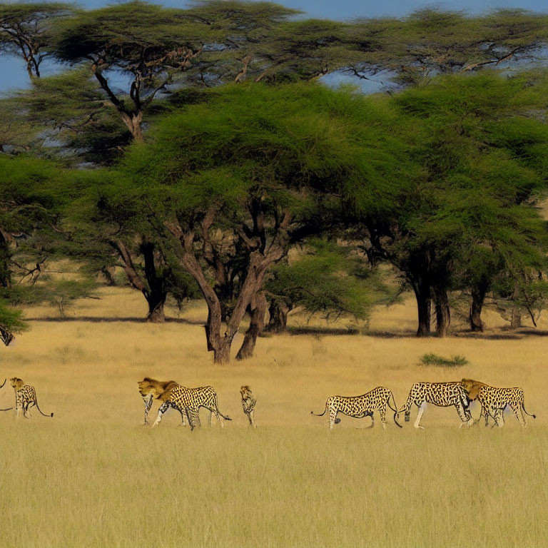 Group of cheetahs in savannah with tall grass and acacia trees