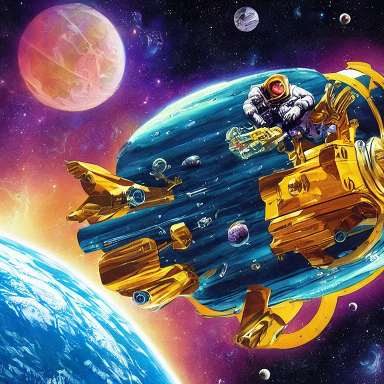 Colorful Space Scene with Astronaut on Golden Motorcycle Spaceship