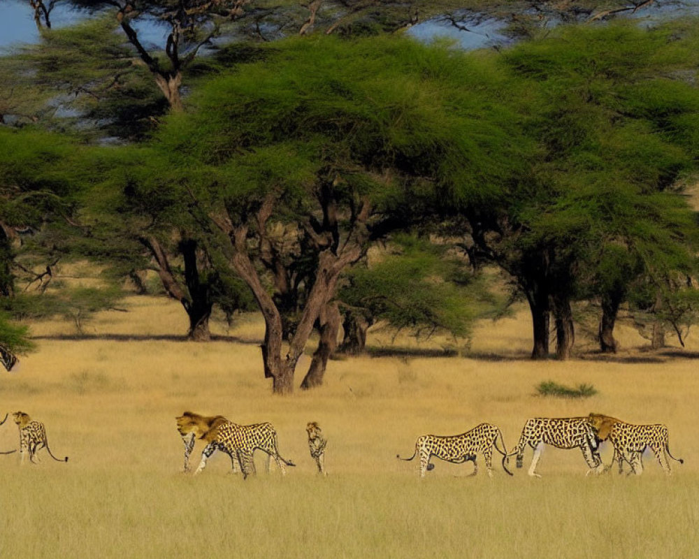 Group of cheetahs in savannah with tall grass and acacia trees