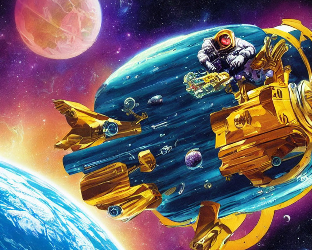 Colorful Space Scene with Astronaut on Golden Motorcycle Spaceship