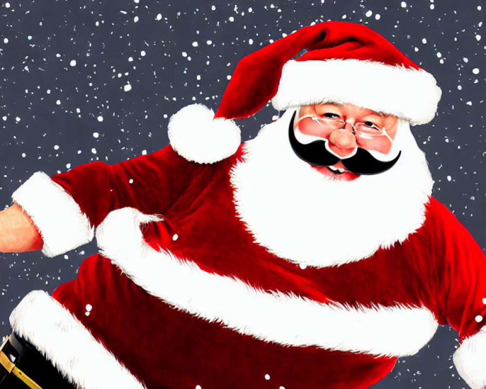 Traditional Santa Claus in red suit, hat, smiling with snowfall