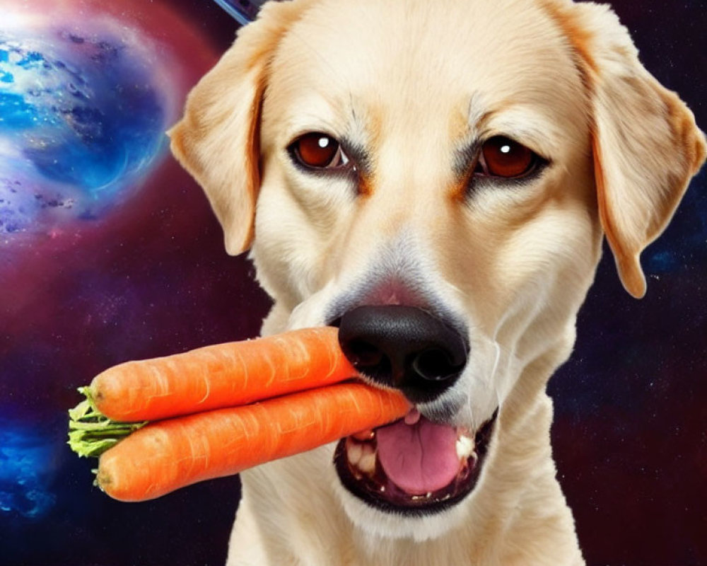 Dog with Amber Eyes Holding Carrots in Space Background