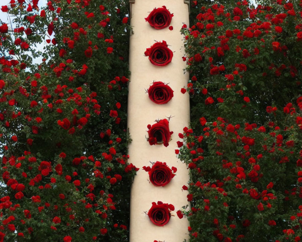 White Tower Surrounded by Green Foliage and Red Roses on Grey Sky