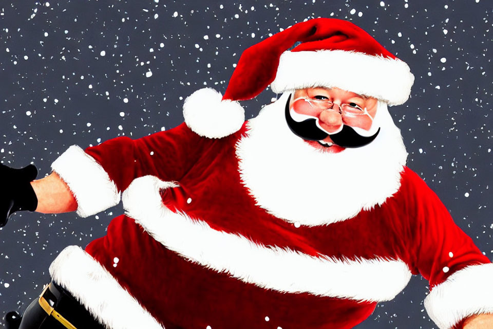 Traditional Santa Claus in red suit, hat, smiling with snowfall