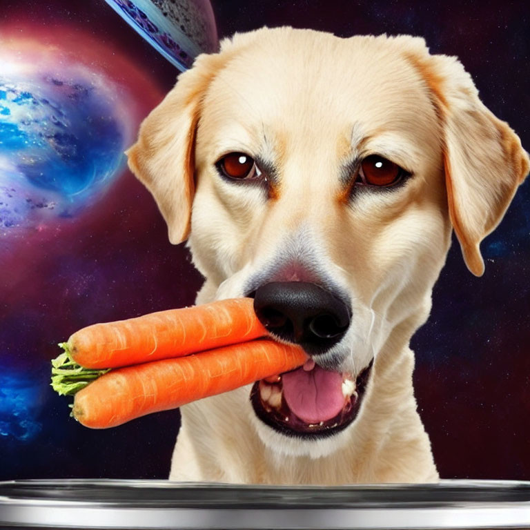 Dog with Amber Eyes Holding Carrots in Space Background