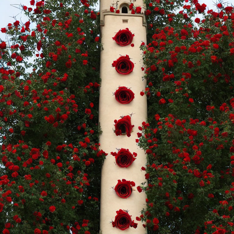 White Tower Surrounded by Green Foliage and Red Roses on Grey Sky