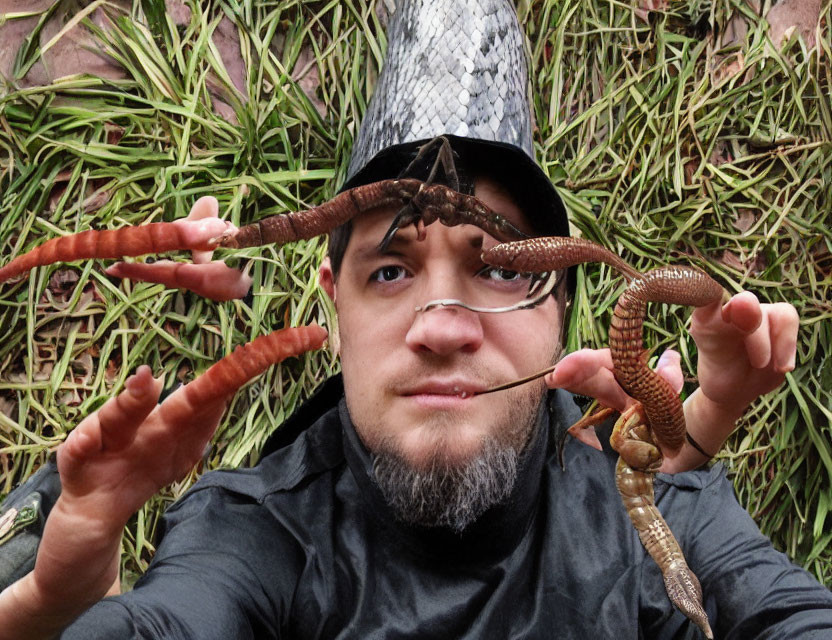 Man lying on grass with chicken on head, feet held - quirky and humorous image