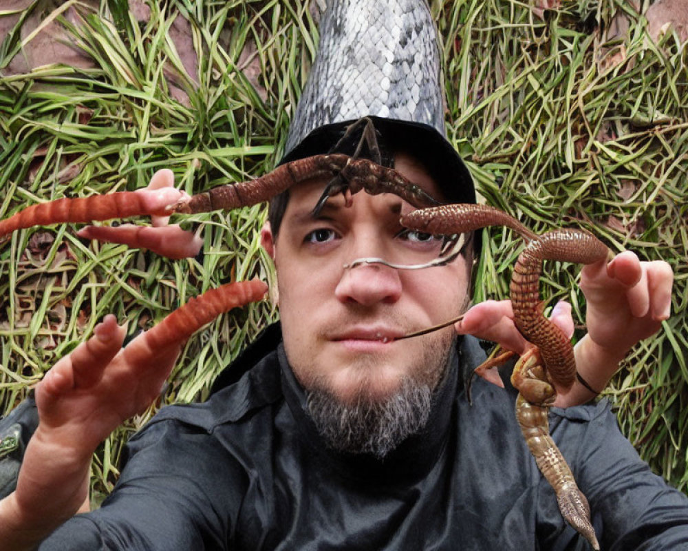 Man lying on grass with chicken on head, feet held - quirky and humorous image