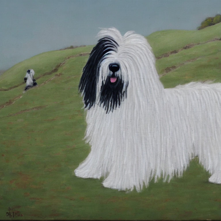 Two Old English Sheepdogs on Green Hillside with Long White and Gray Fur