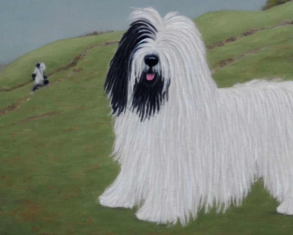 Two Old English Sheepdogs on Green Hillside with Long White and Gray Fur