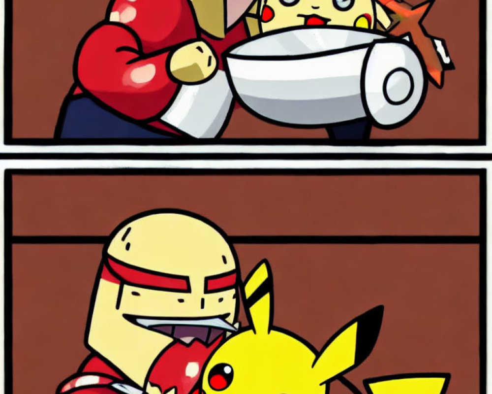 Cartoon-style image: Red character feeds yellow Pikachu in comic panel