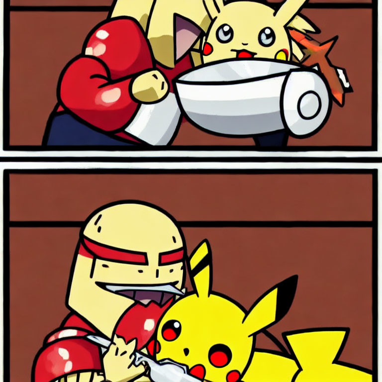 Cartoon-style image: Red character feeds yellow Pikachu in comic panel