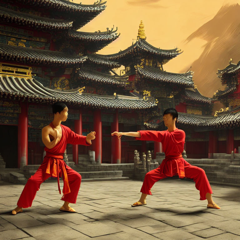 Two people in red martial arts attire in combat stances at ornate temple.