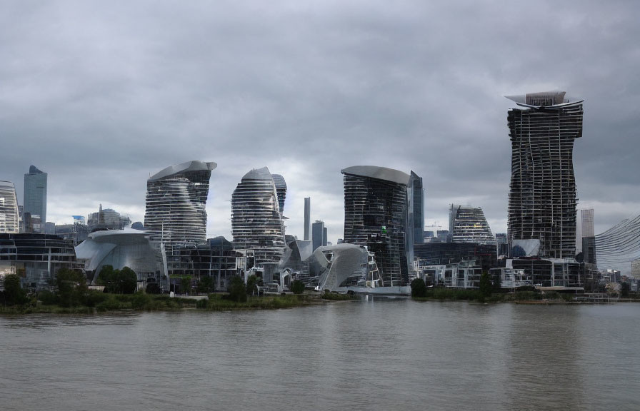 Modern cityscape with unique buildings along a river under cloudy skies