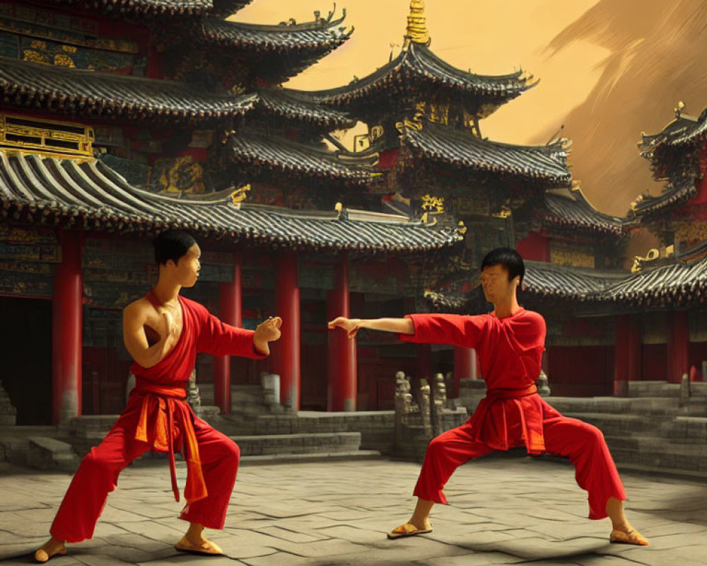 Two people in red martial arts attire in combat stances at ornate temple.