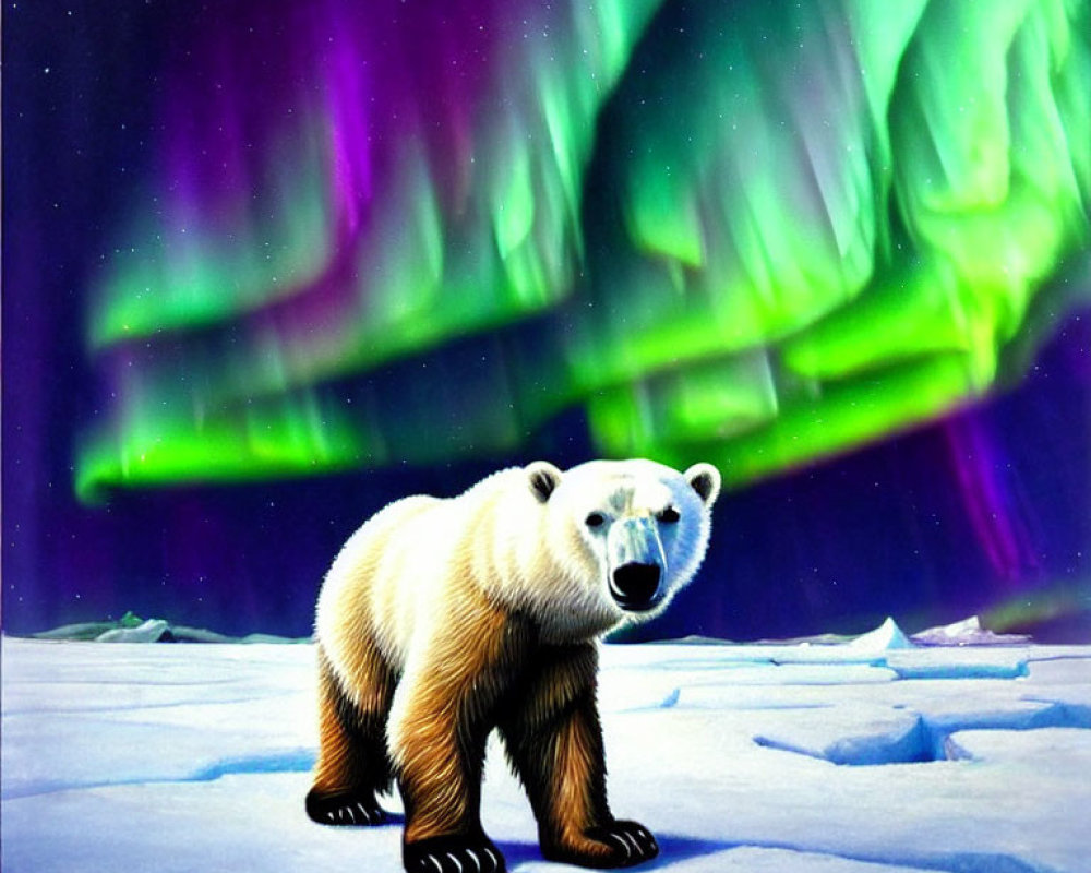 Polar bear on icy terrain under aurora borealis