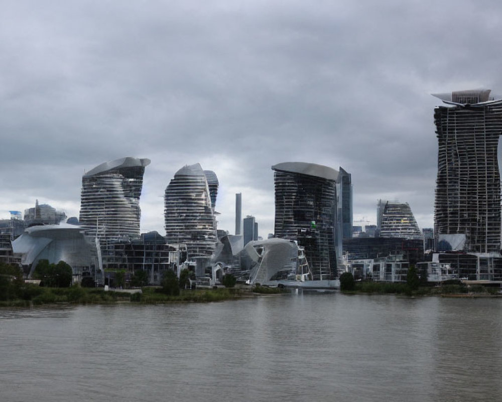 Modern cityscape with unique buildings along a river under cloudy skies