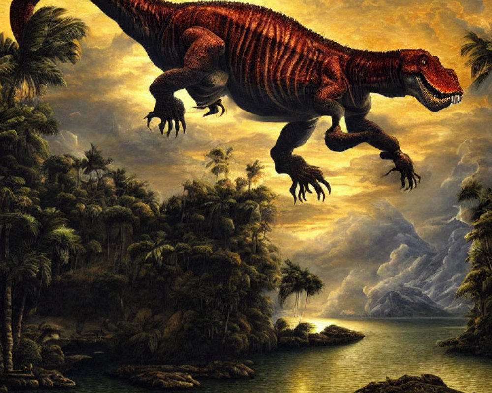 Detailed Red Tyrannosaurus Rex in Prehistoric Jungle with Palm Trees