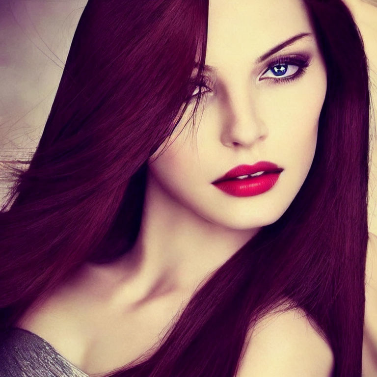 Portrait of woman with deep red hair, striking blue eyes, and bold red lipstick