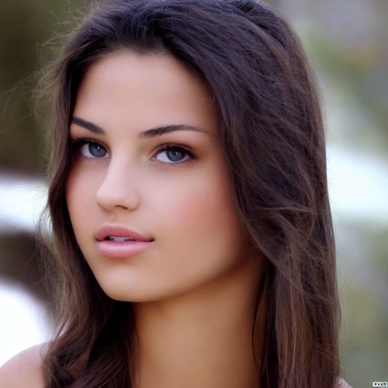 Portrait of young woman with long brown hair and hazel eyes