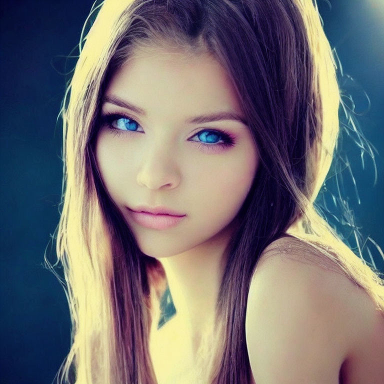 Close-up portrait of woman with striking blue eyes and long brown hair